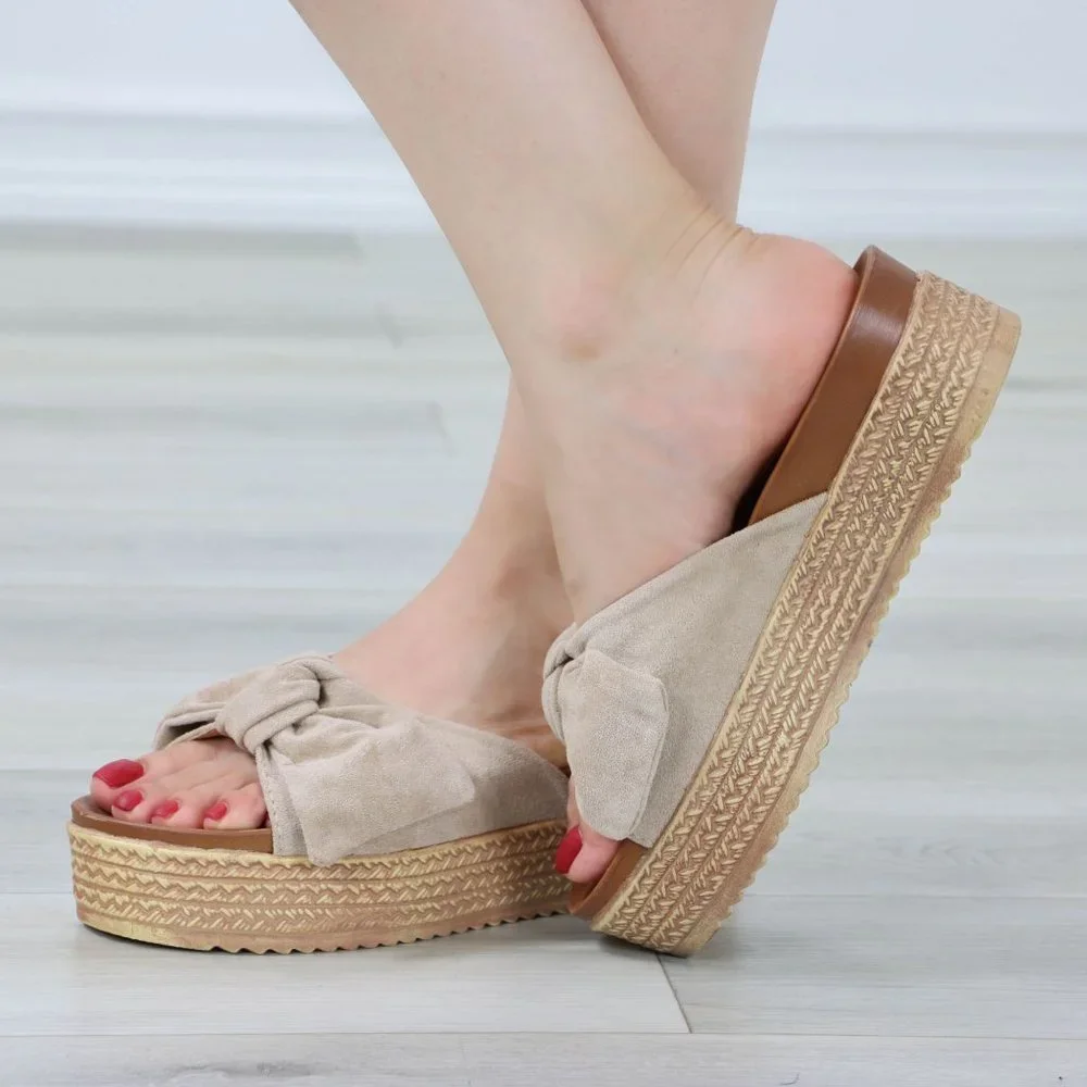 Suede Nude Bow Comfort Platform Sandal Slip On Sliders - Picture 10 of 14